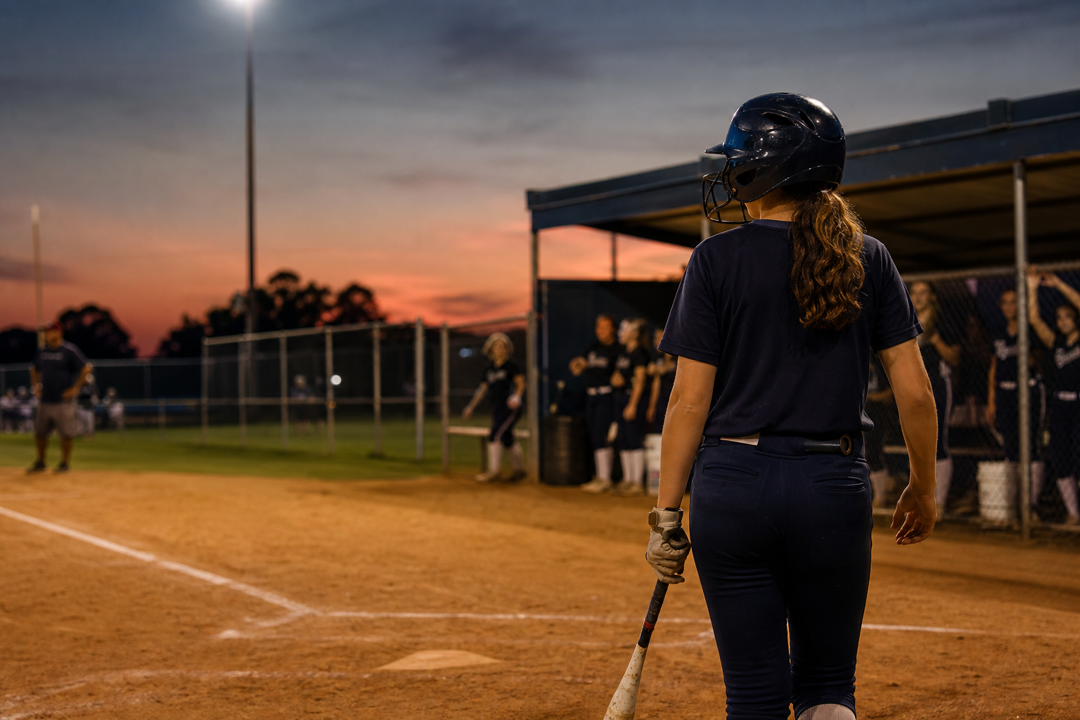 Softball player walking toward the batter's box under field lights