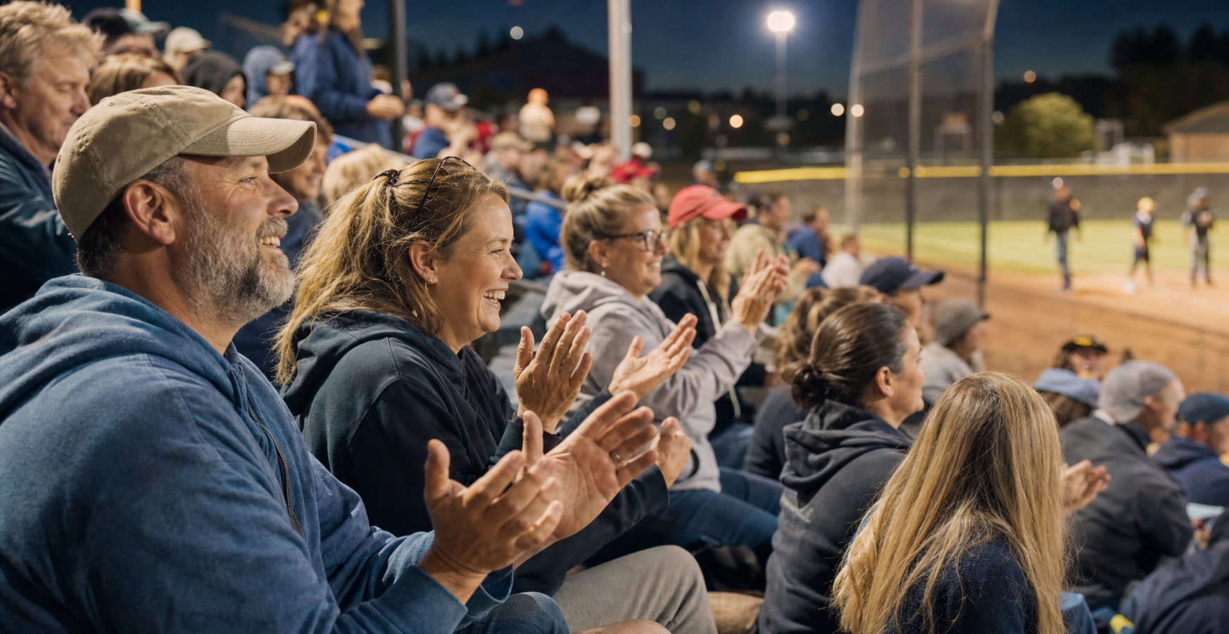 Fans cheering from bleachers during a night softball game